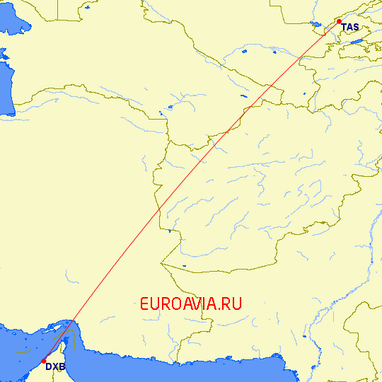 перелет Дубай — Ташкент на карте