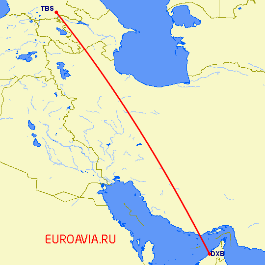 перелет Дубай — Тбилиси на карте
