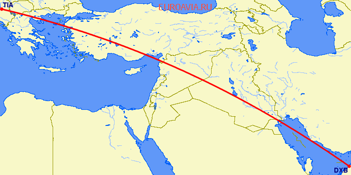 перелет Дубай — Тирана на карте