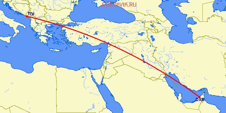 перелет Дубай — Тиват на карте
