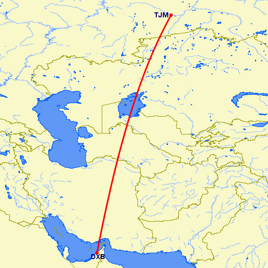 перелет Дубай — Тюмень на карте