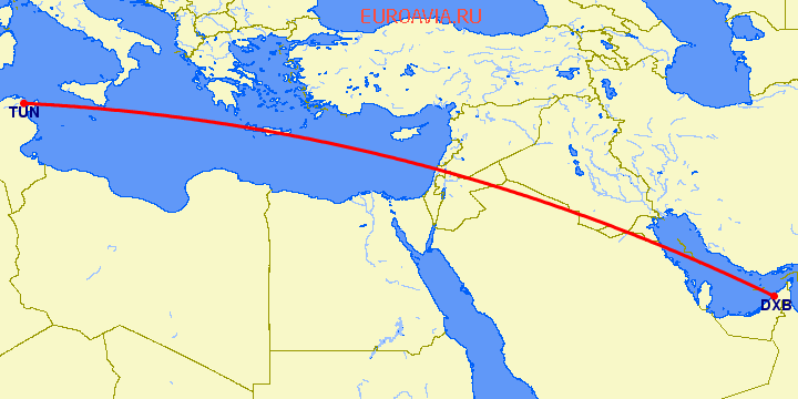 перелет Дубай — Тунис на карте