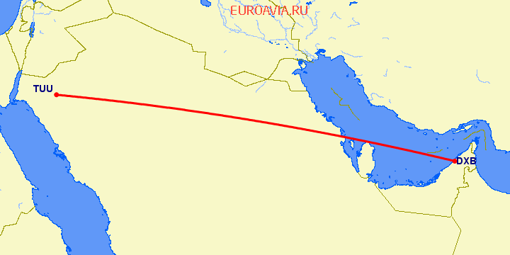 перелет Дубай — Табук на карте