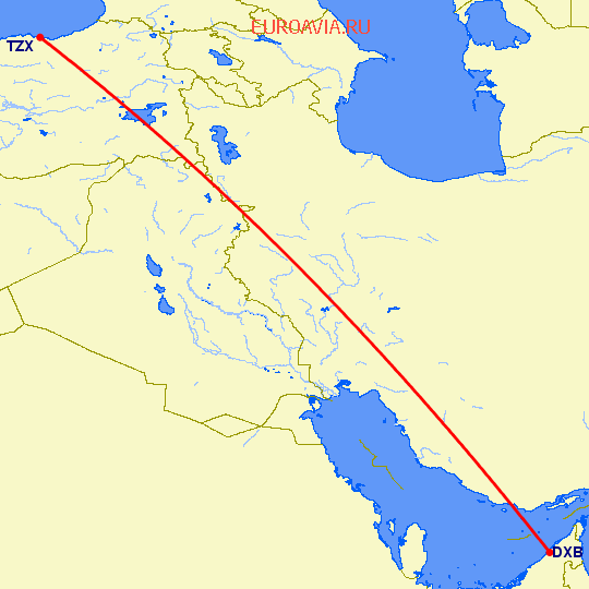 перелет Дубай — Трабзон на карте