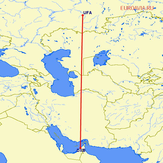 перелет Дубай — Уфа на карте