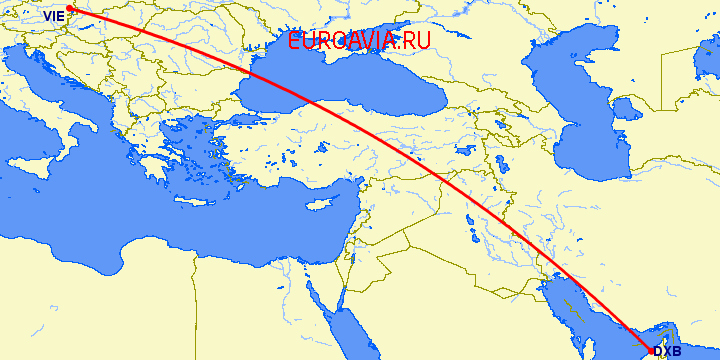 перелет Дубай — Вена на карте