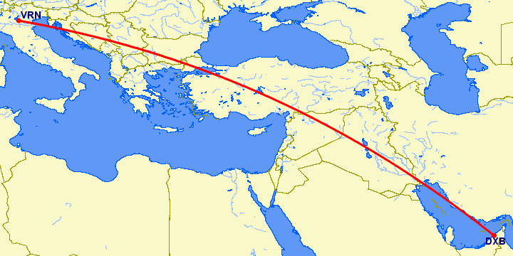 перелет Дубай — Верона на карте