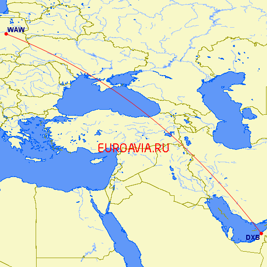 перелет Дубай — Варшава на карте
