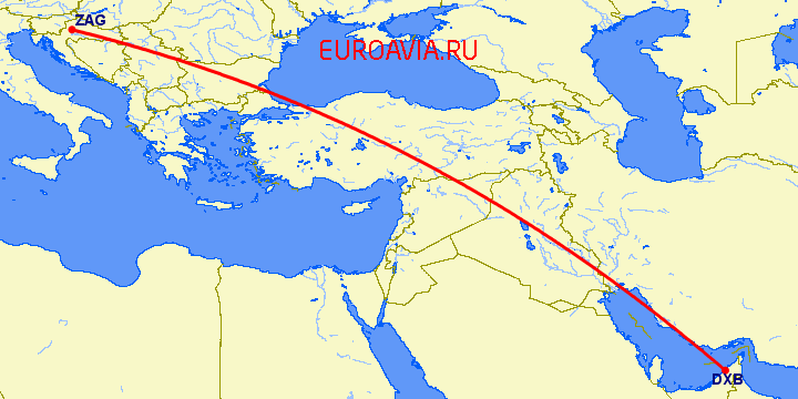 перелет Дубай — Загреб на карте