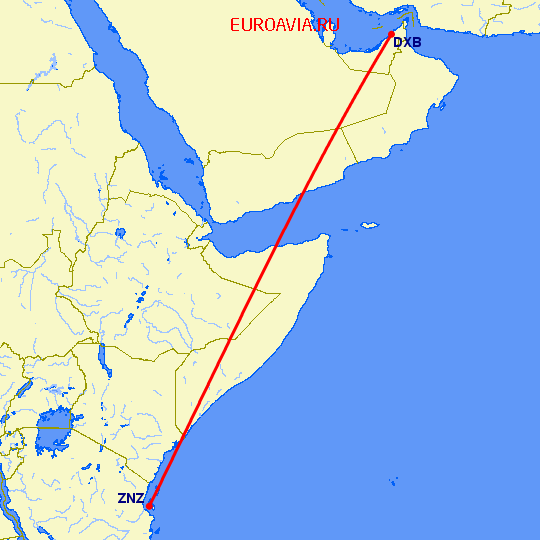 перелет Дубай — Занзибар на карте