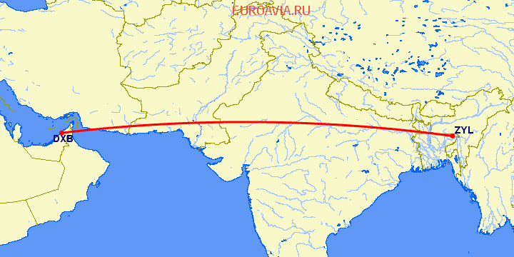 перелет Дубай — Sylhet на карте