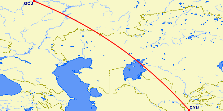 перелет Душанбе — Нижний Новгород на карте