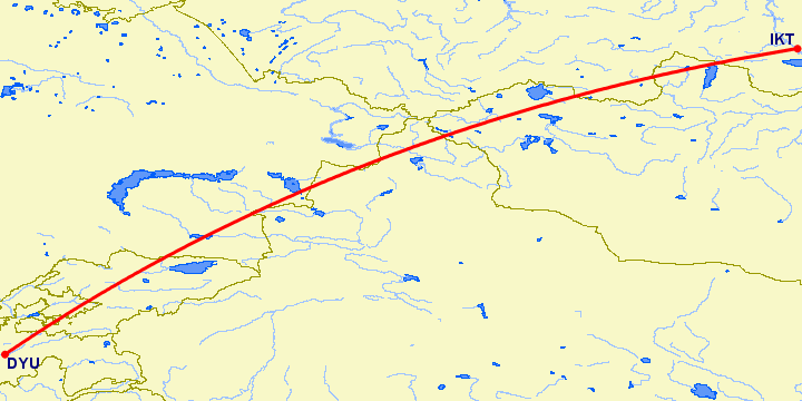 перелет Душанбе — Иркутск на карте