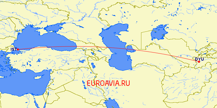перелет Душанбе — Стамбул на карте