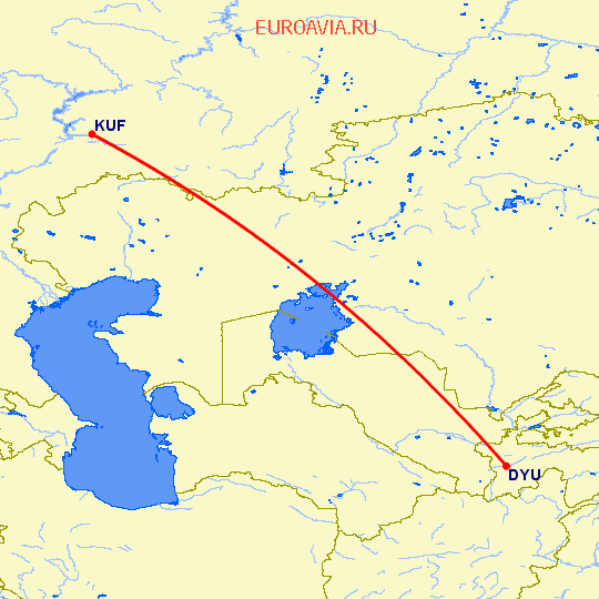 перелет Душанбе — Самара на карте
