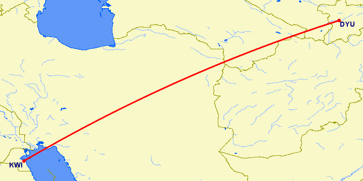 перелет Душанбе — Кувейт на карте