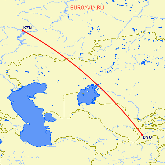 перелет Душанбе — Казань на карте