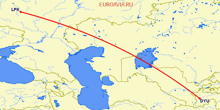 перелет Душанбе — Липецк на карте