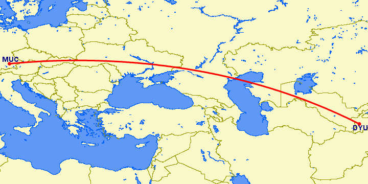 перелет Душанбе — Мюнхен на карте