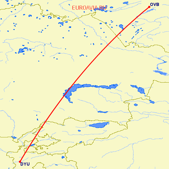 перелет Душанбе — Новосибирск на карте