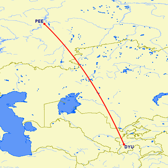 перелет Душанбе — Пермь на карте