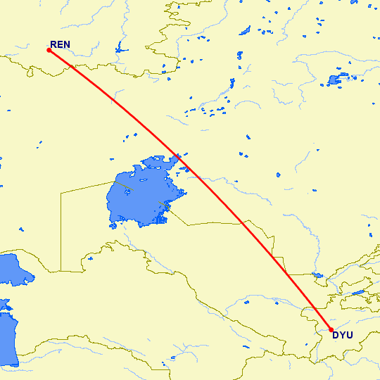 перелет Душанбе — Оренбург на карте
