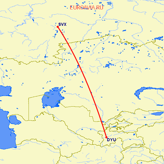 перелет Душанбе — Екатеринбург на карте