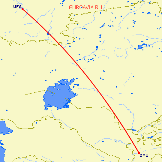 перелет Душанбе — Уфа на карте