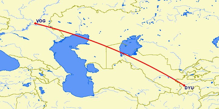 перелет Душанбе — Волгоград на карте