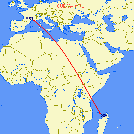 перелет Dzaoudzi — Марсель на карте