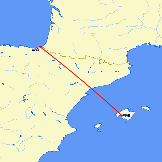 перелет Сан Себастьян — Пальма де Майорка на карте