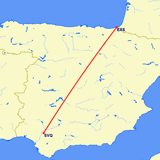 перелет Сан Себастьян — Севилья на карте
