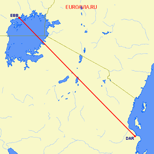 перелет Энтеббе — Дар Ес Салаам на карте