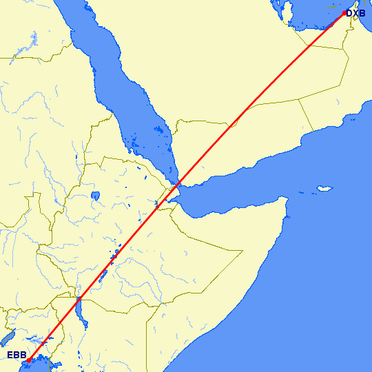 перелет Энтеббе — Дубай на карте