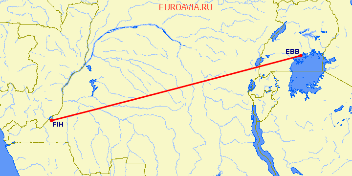 перелет Энтеббе — Киншаса на карте