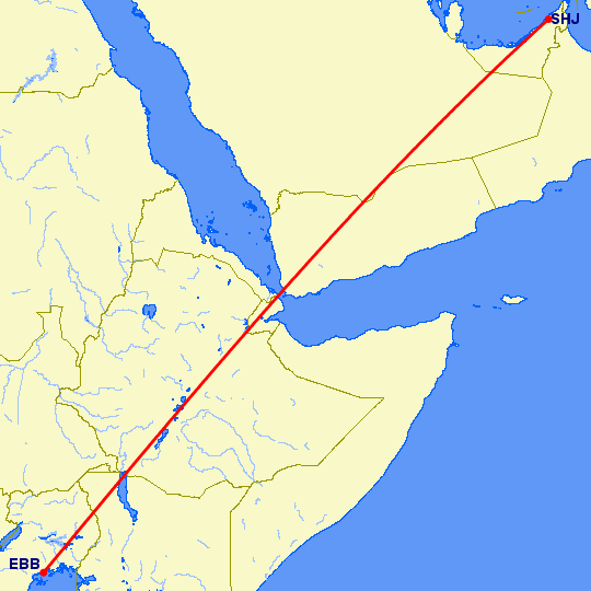 перелет Энтеббе — Шарджа на карте