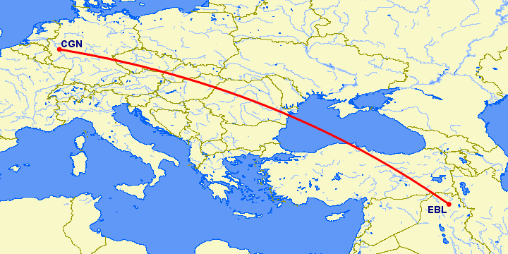 перелет Эрбиль — Кельн на карте