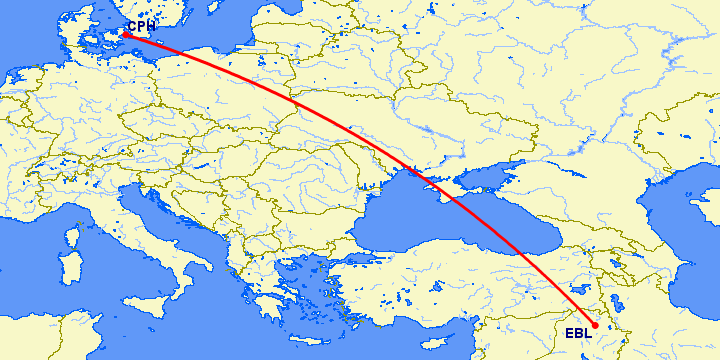 перелет Эрбиль — Копенгаген на карте