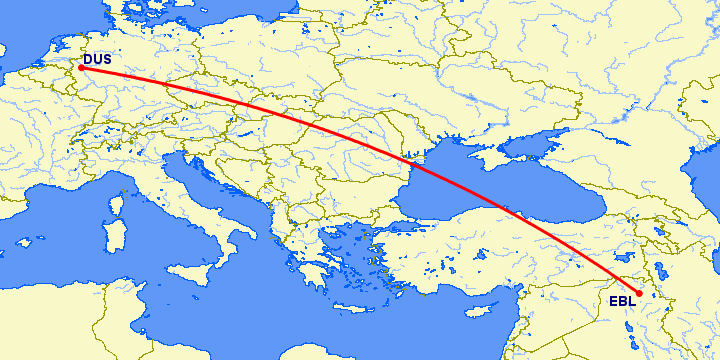 перелет Эрбиль — Дюссельдорф на карте