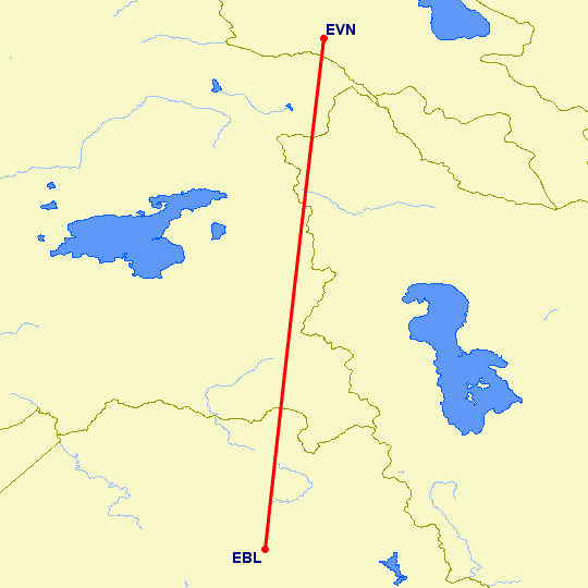 перелет Эрбиль — Ереван на карте