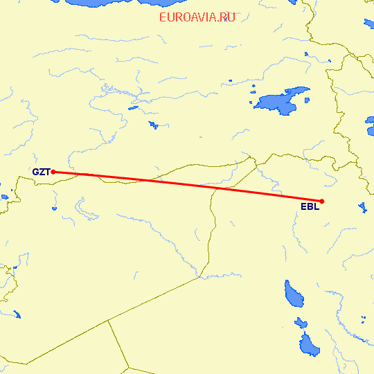 перелет Эрбиль — Газиантеп на карте