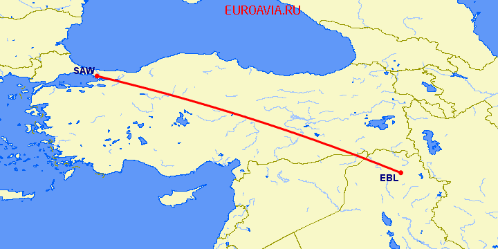 перелет Эрбиль — Стамбул на карте