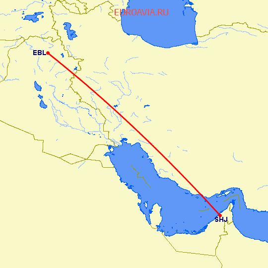 перелет Эрбиль — Шарджа на карте