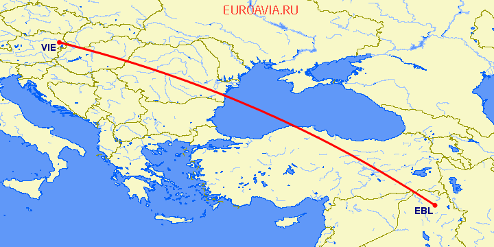 перелет Эрбиль — Вена на карте