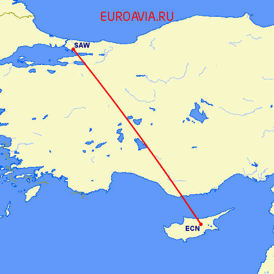 перелет Никосия — Стамбул на карте