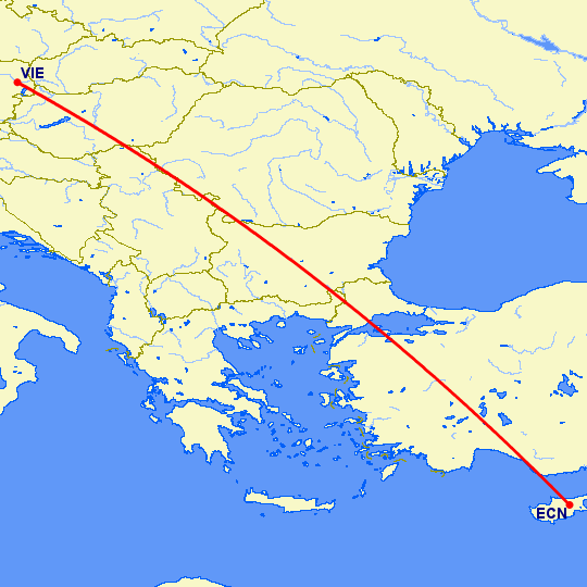 перелет Никосия — Вена на карте
