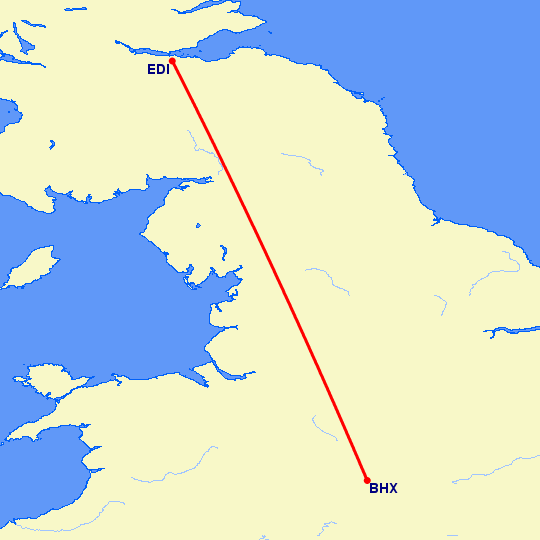 перелет Эдинбург — Бирмингем на карте