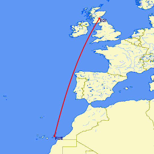 перелет Эдинбург — Пуэрто дель Росарио на карте