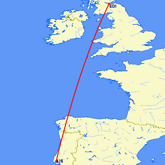 перелет Эдинбург — Лиссабон на карте
