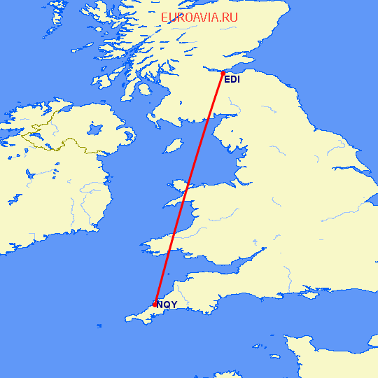 перелет Эдинбург — Newquay на карте